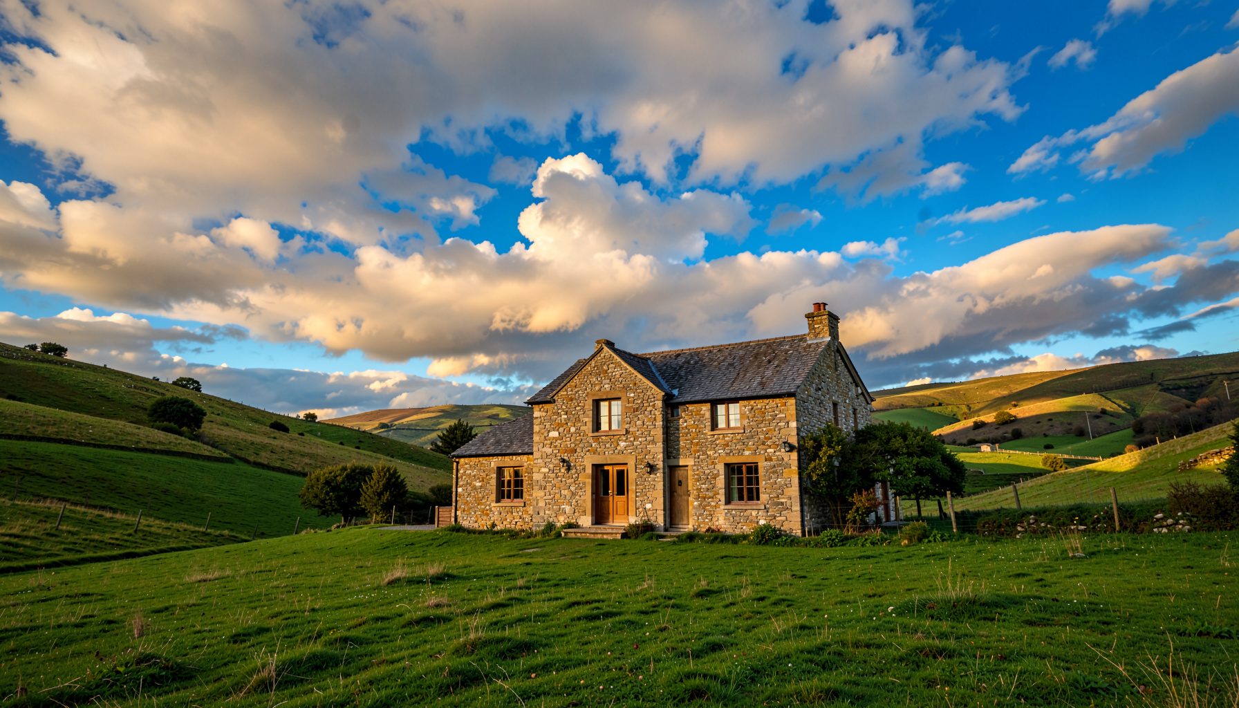 A wide-angle view of a rustic stone farmhouse set among rolling green hills under a dramatic sky with layered cumulus clouds, warm earthy tones and soft golden light.