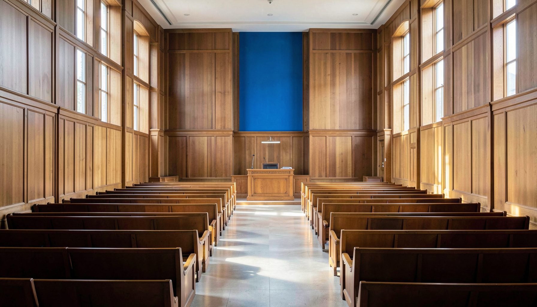 A clean architectural photograph with strong symmetry: a stately university lecture hall interior with warm wood paneling, rows of empty seats, and a lectern bathed in soft natural light from tall windows, conveying quiet academic authority.